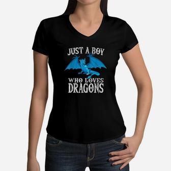 Just A Boy Who Loves Dragons Women V-Neck T-Shirt | Crazezy CA