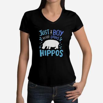Just A Boy Who Loves Hippos Women V-Neck T-Shirt | Crazezy