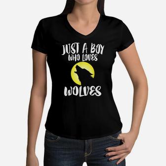 Just A Boy Who Loves Wolves Nature Lover Gift Wolf Women V-Neck T-Shirt | Crazezy CA