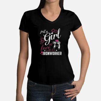 Just A Girl In Love With Her Ironworker Women V-Neck T-Shirt | Crazezy