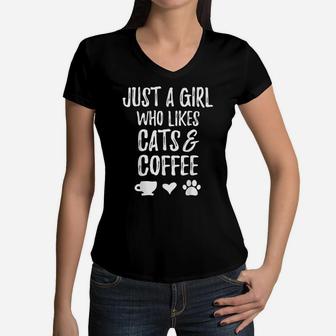 Just A Girl Who Likes Cats And Coffee Cute Cat Lovers Gift Women V-Neck T-Shirt | Crazezy DE