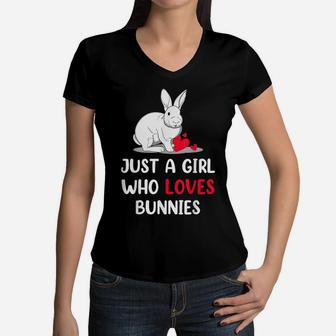 Just A Girl Who Love Bunnies Cute Easter Day Girls Women V-Neck T-Shirt | Crazezy