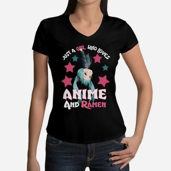 Just A Girl Who Loves Anime And Ramen Bowl Japanese Noodles Women V-Neck T-Shirt | Crazezy DE