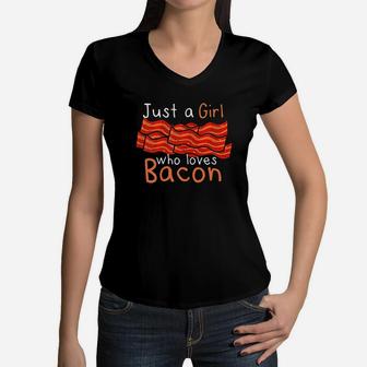 Just A Girl Who Loves Bacon Funny Keto Ketogenic Diet Foodie Women V-Neck T-Shirt | Crazezy