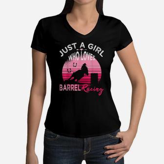 Just A Girl Who Loves Barrel Racing Horse Rodeo Cowgirl Pink Women V-Neck T-Shirt - Monsterry UK