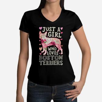 Just A Girl Who Loves Boston Terriers Dog Silhouette Flower Women V-Neck T-Shirt | Crazezy