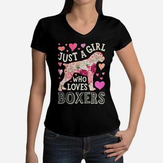 Just A Girl Who Loves Boxers Dog Silhouette Flower Floral Women V-Neck T-Shirt | Crazezy