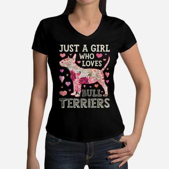 Just A Girl Who Loves Bull Terriers Dog Silhouette Flower Women V-Neck T-Shirt | Crazezy