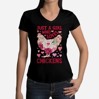 Just A Girl Who Loves Chickens Chicken Silhouette Flower Women V-Neck T-Shirt | Crazezy DE