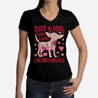 Just A Girl Who Loves Chihuahuas Dog Silhouette Flower Gifts Women V-Neck T-Shirt | Crazezy UK