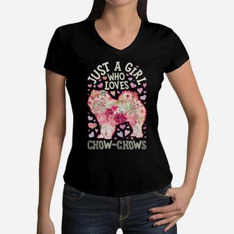 Just A Girl Who Loves Chow Chows Bloodhound Dog Lover Flower Women V-Neck T-Shirt | Crazezy CA