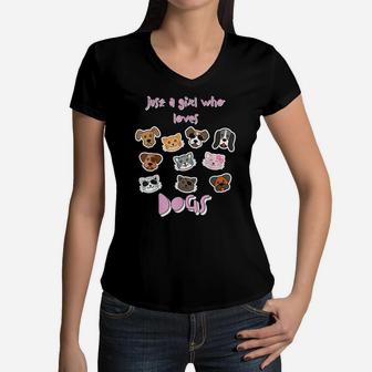 Just A Girl Who Loves Dogs Cute Tee Shirt With Dog Stickers Women V-Neck T-Shirt | Crazezy