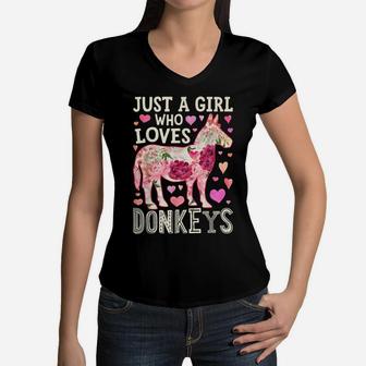 Just A Girl Who Loves Donkeys Funny Donkey Silhouette Flower Women V-Neck T-Shirt | Crazezy UK