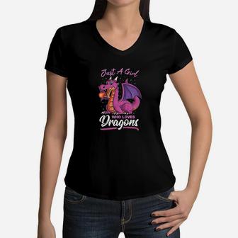 Just A Girl Who Loves Dragons Funny Dragon Gift For Girls Women V-Neck T-Shirt | Crazezy CA