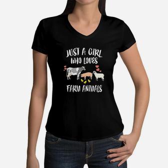 Just A Girl Who Loves Farm Animals Pig Chicken Cow Women V-Neck T-Shirt | Crazezy DE
