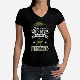 Just A Girl Who Loves Fishing & Hunting Hunter Deer Women V-Neck T-Shirt | Crazezy