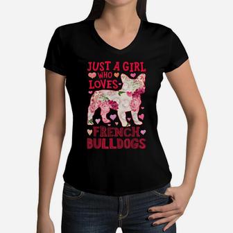 Just A Girl Who Loves French Bulldogs Dog Silhouette Flower Women V-Neck T-Shirt | Crazezy UK