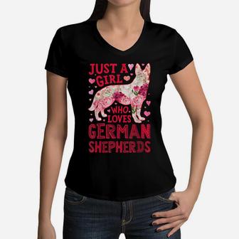 Just A Girl Who Loves German Shepherds Dog Silhouette Flower Women V-Neck T-Shirt | Crazezy AU