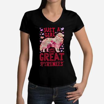 Just A Girl Who Loves Great Pyrenees Dog Flower Floral Gifts Women V-Neck T-Shirt | Crazezy CA
