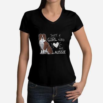 Just A Girl Who Loves Her Australian Shepherd Dog Women V-Neck T-Shirt | Crazezy CA