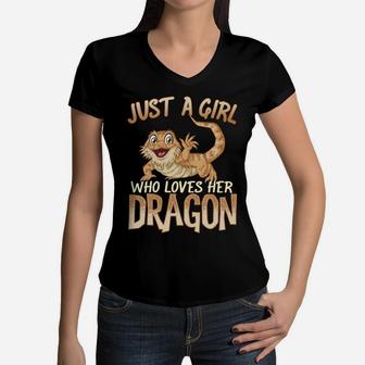 Just A Girl Who Loves Her Dragon | Bearded Dragons Girls Women V-Neck T-Shirt | Crazezy CA