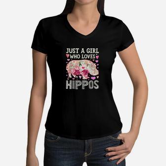 Just A Girl Who Loves Hippos Hippo Hippopotamus Women Flower Women V-Neck T-Shirt | Crazezy AU