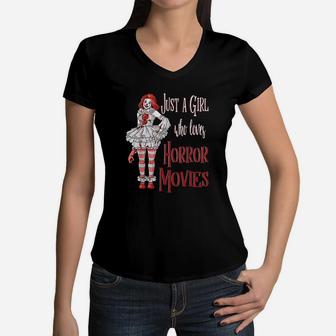 Just A Girl Who Loves Horror Movies Women V-Neck T-Shirt | Crazezy CA