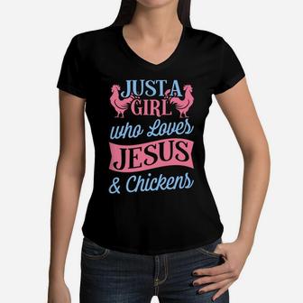 Just A Girl Who Loves Jesus And Chickens Christmas Gift Women V-Neck T-Shirt | Crazezy CA