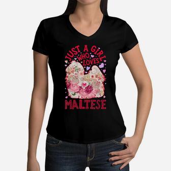 Just A Girl Who Loves Maltese Dog Flower Floral Gifts Women Women V-Neck T-Shirt | Crazezy