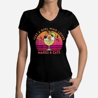 Just A Girl Who Loves Margs And Cats Margarita Cat Meme Women V-Neck T-Shirt | Crazezy CA