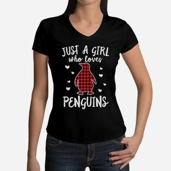 Just A Girl Who Loves Penguins Buffalo Plaid Christmas Gift Women V-Neck T-Shirt | Crazezy UK
