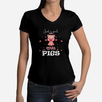 Just A Girl Who Loves Pigs Cute Animal Pig Nice Gift Girls Women V-Neck T-Shirt - Thegiftio UK