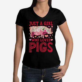 Just A Girl Who Loves Pigs Funny Pig Silhouette Flower Gifts Women V-Neck T-Shirt | Crazezy AU