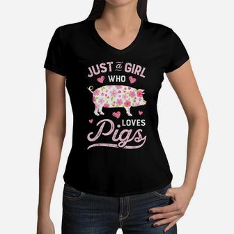 Just A Girl Who Loves Pigs T Shirt Funny Pig Farmer Gifts Women V-Neck T-Shirt | Crazezy UK