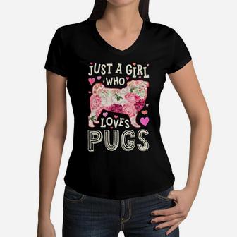 Just A Girl Who Loves Pugs Dog Silhouette Flower Floral Gift Women V-Neck T-Shirt | Crazezy