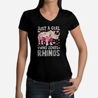 Just A Girl Who Loves Rhinos Funny Rhino Women Flower Floral Women V-Neck T-Shirt | Crazezy