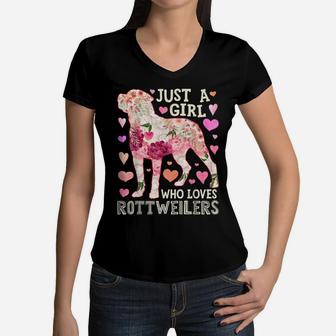 Just A Girl Who Loves Rottweilers Dog Silhouette Flower Gift Women V-Neck T-Shirt | Crazezy