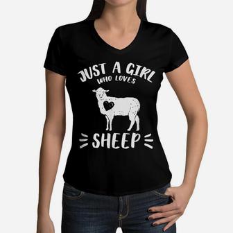 Just A Girl Who Loves Sheep Farm Animal Funny Gift Idea Women V-Neck T-Shirt | Crazezy CA