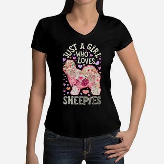 Just A Girl Who Loves Sheepies Old English Sheepdog Flower Women V-Neck T-Shirt | Crazezy CA