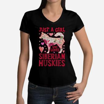 Just A Girl Who Loves Siberian Huskies Dog Silhouette Flower Women V-Neck T-Shirt | Crazezy