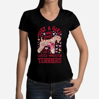 Just A Girl Who Loves Soft Coated Wheaten Terriers Flower Women V-Neck T-Shirt | Crazezy