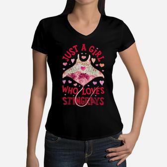 Just A Girl Who Loves Stingrays Stingray Flower Floral Gifts Women V-Neck T-Shirt | Crazezy