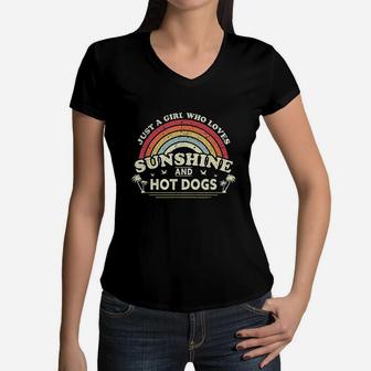 Just A Girl Who Loves Sunshine And Hot Dogs Women V-Neck T-Shirt | Crazezy DE