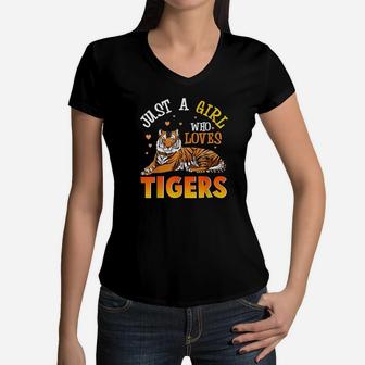 Just A Girl Who Loves Tigers Tiger For Girls Women V-Neck T-Shirt | Crazezy UK