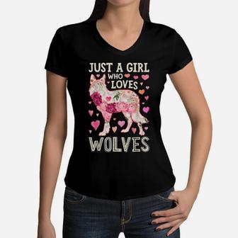 Just A Girl Who Loves Wolves Funny Wolf Silhouette Flower Women V-Neck T-Shirt | Crazezy