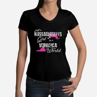Just A Massachusetts Girl In A Virginia World Women V-Neck T-Shirt | Crazezy UK