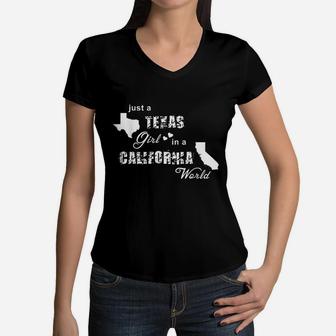 Just A Texas Girl In A California World Women V-Neck T-Shirt | Crazezy CA