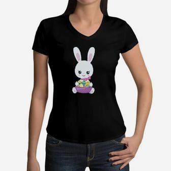 Kawaii Bunny Basket Eggs Easter Cotton Boy And Girl Clothes Women V-Neck T-Shirt | Crazezy AU