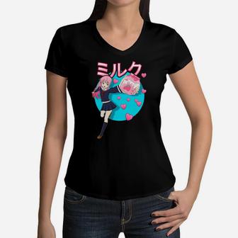 Kawaii Girl 90S Japanese Kawaii Strawberry Milk Shake Carton Women V-Neck T-Shirt | Crazezy