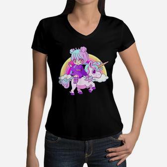 Kawaii Unicorn And Girl Women V-Neck T-Shirt - Thegiftio UK